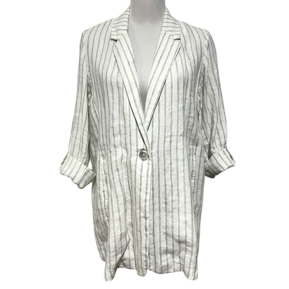C&C California Blazer Jacket 100% Linen Roll Tab Sleeve Striped Women's Sz M